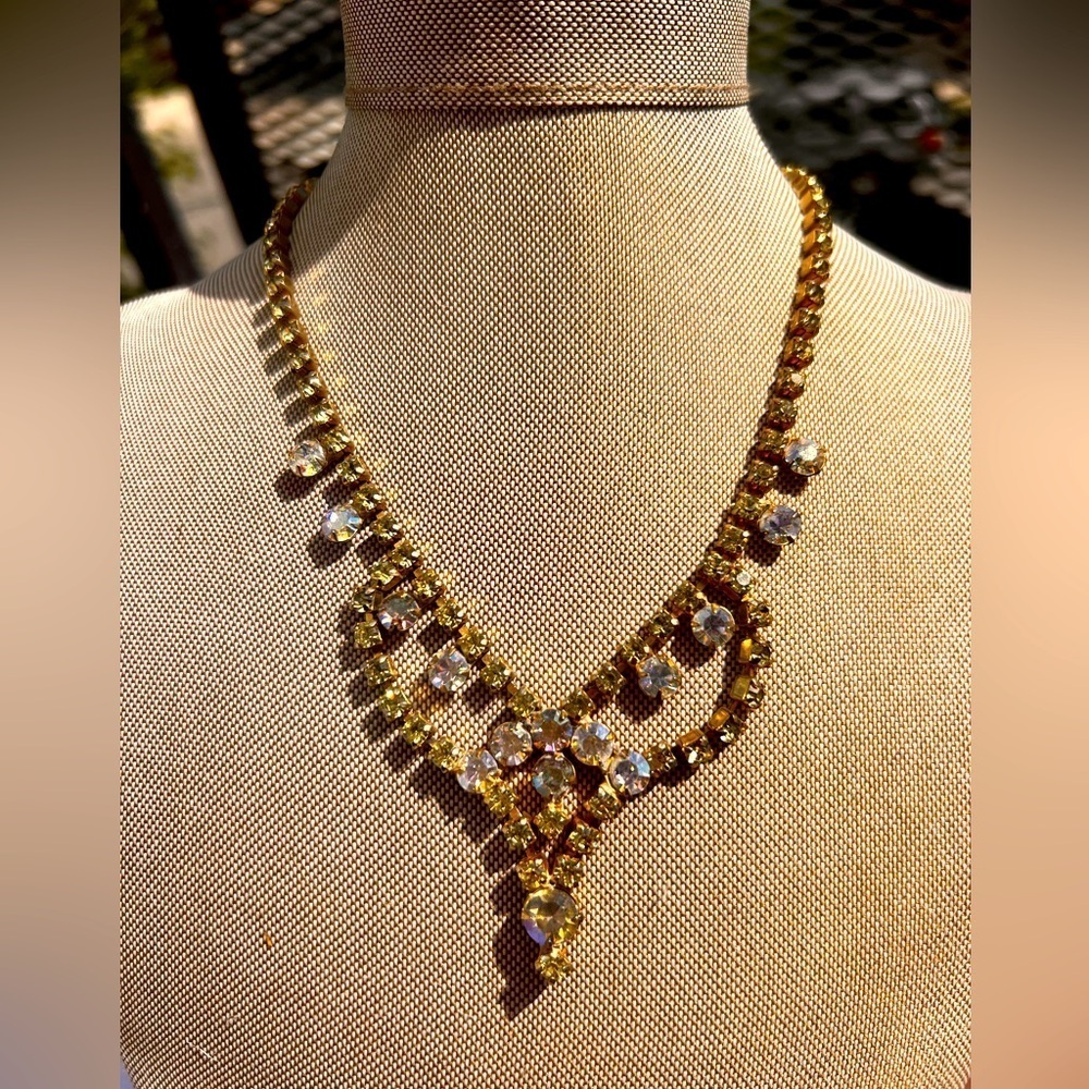 VINTAGE 1950s Exquisite High End Estate amber Rhinestone AB Necklace 16” 28